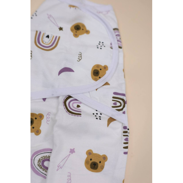Європелюшка кокон байкова на липучці та кнопках Коричневий ведмедик  та фіолетова райдуга