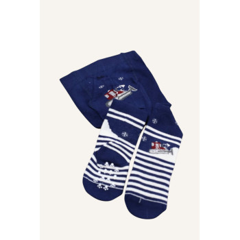 Демісезонні бавовняні колготки Сині з снігоходом та білими смужками із лапками на ступні