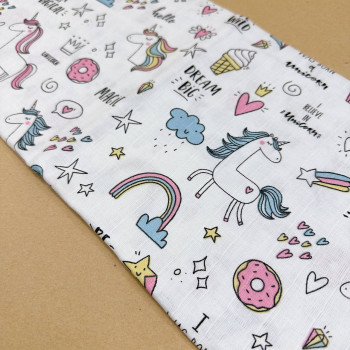 Муслінова пелюшка · 90×80 см. · Біла з єдинорогами — Babywear