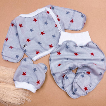 Комплект із байки (футера) розпашонка, повзунки, шапочка Сірий з зірочками.
