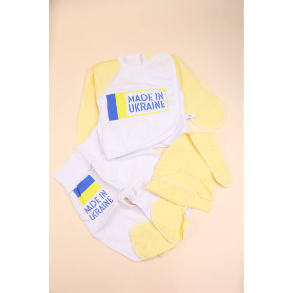 Комплект із інтерлоку патріотичний розпашонка, повзунки, шапочка Ніжно жовтий.