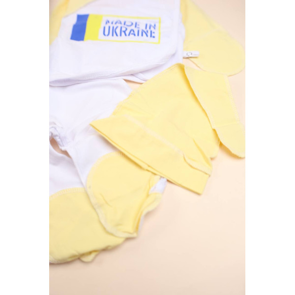 Комплект із інтерлоку патріотичний розпашонка, повзунки, шапочка Ніжно жовтий.