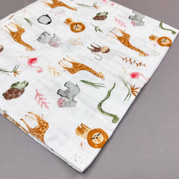 Муслінова пелюшка · 90×80 см. · Біла з тваринками — Babywear