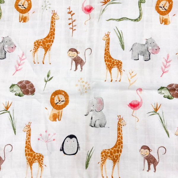 Муслінова пелюшка · 90×80 см. · Біла з тваринками — Babywear