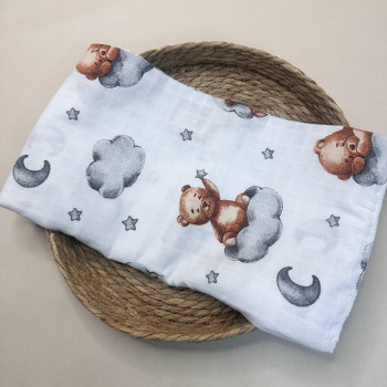 Муслінова пелюшка · 90×80 см. · Біла з ведмедиками — Babywear