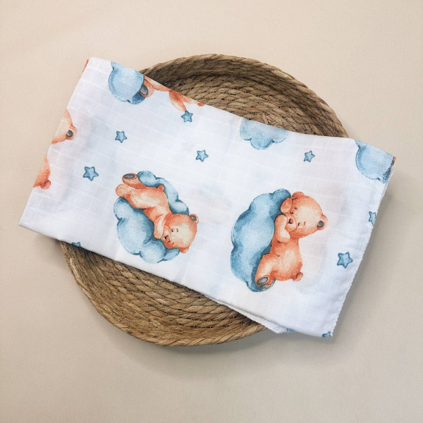 Муслінова пелюшка · 90×80 см. · Ведмедики на хмаринках — Babywear