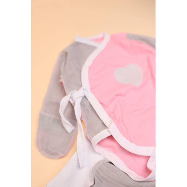 Комплект із мусліну 3в1 з пов'язкою Сіро-рожевий з сердечком