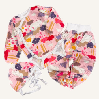 Комплект із байки (футера) 3в1 з боді Рожевий з різнокольоровими хмаринками (56–62)